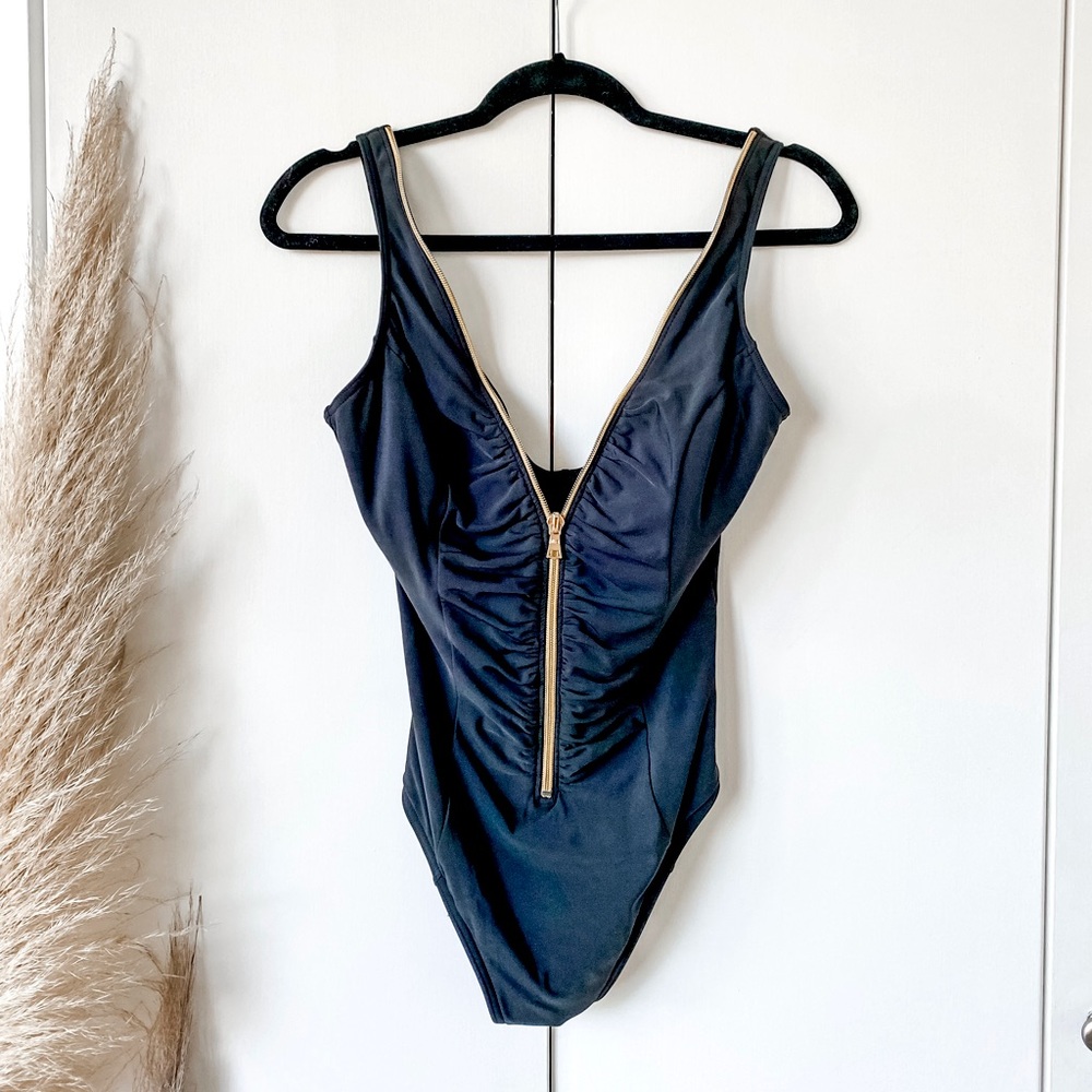 Miraclesuit Black with Gold Zipper One Piece Bathing Suit